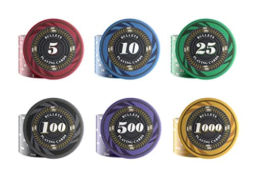 Bullets Playing Cards - Coffret de poker Silvio – Set de poker avec 500 jetons de poker en céramique avec valeurs imprimées, avec bouton de dealer en céramique, lot de 2 cartes de poker
