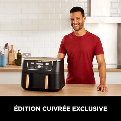 NINJA Foodi MAX Dual Zone Air Fryer, 2 Tiroirs, 9,5L, 6-en-1, Sans Huile, Air Fry, Max Crisp, Rôtir, Cuire, Paniers Antiadhésifs Lavables Au Lave-Vaisselle, Cuivre/Noir Exclusivité Amazon AF400EUCP