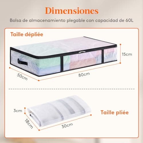 Lifewit Lot de 4 Sac de Rangement Transparent 60L, Boite Rangement Sous Lit Pliable avec Poignées, Sac de Rangement Vetement en PP pour Demenagement, Vêtements, Couvertures, Housse de Couette, Jouets