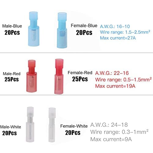 RUNCCI-YUN 130 pièces connecteur electrique,Cosse Câble Électrique, Mâle et Femelle Connecteurs Bullet Kit, Isolées Cosse Electrique Cylindriques (3 tailles différentes)(24-10AWG)