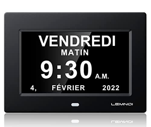 LEMNOI 7" Pouce LCD Horloge Numérique Calendrier Noire avec Date Jour Et Heure Horloge Non-Abrégée Auto Dimming 8 Langues HD Display Rappel pour Alzheimer Les Personnes âgées et Les Enfants