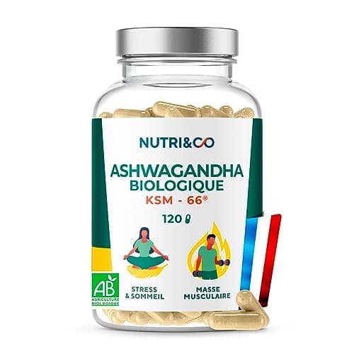 NUTRI & CO Ashwagandha BIO KSM-66® - Dosage Clinique 600mg - Extrat Fort 5% Withanolides - 120 gélules Vegan - Anti Stress Naturel - Aide Sommeil & Musculation - Extrait 100% Pur - Fabriqué en France