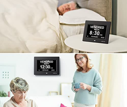 LEMNOI 7" Pouce LCD Horloge Numérique Calendrier Noire avec Date Jour Et Heure Horloge Non-Abrégée Auto Dimming 8 Langues HD Display Rappel pour Alzheimer Les Personnes âgées et Les Enfants