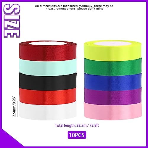 Swpeet Lot de 10 rouleaux de ruban satiné en polyester 10 couleurs 2,5 cm x 22,9 m pour emballage cadeau, travaux manuels, décoration de fête – Longueur totale : 227 m