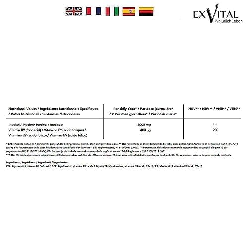 Inositol, idéalement combiné avec de l'acide folique, 180 comprimés, myo-inositol pur, hautement dosé : 2000 mg d'inositol & 400 μg d'acide folique par jour, vitamines B8, végétalien & sans additif