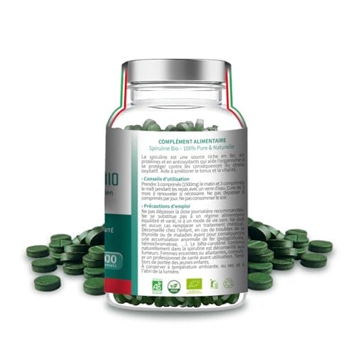 Spiruline BIO - 3000mg par jour - 600 Comprimés - Complément Alimentaire Riche en Protéines, Antioxydants, Fer et Phycocyanine - 100% Agriculture Biologique Controlée - De l'Énergie au Quotidien!