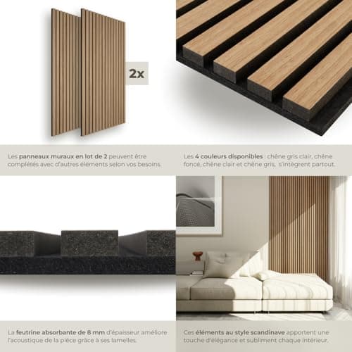 tectake® Lot de 2 panneaux acoustiques muraux et pour plafond, en Bois MDF, 120 x 60 x 2,1 cm par panneau mural decoratif pour isolation phonique Chambre, Bureau, Studio de musique Decoration murale