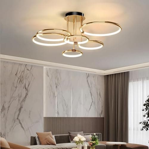YYUTLUO Plafonnier LED, Ø105cm lustre Cercle En Métal Doré, 145W Dimmable En Continu 3000-6000K, Pendentif Galvanoplastie Rond Moderne, Chambre Salon Enfants Bureau Étude Cuisine Couloir (6 Anneaux)