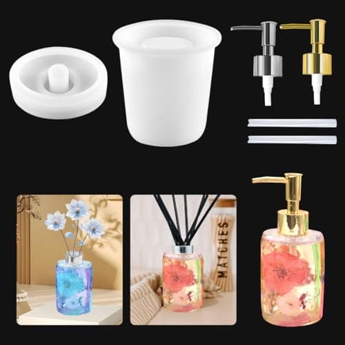 Koonafy 6 Pcs Moule Resine Epoxy,Moule en Siliicone avec Pump and Paille, Distributeurs de lotion moules époxy pour cuisine, salle de bain, porte-stylo