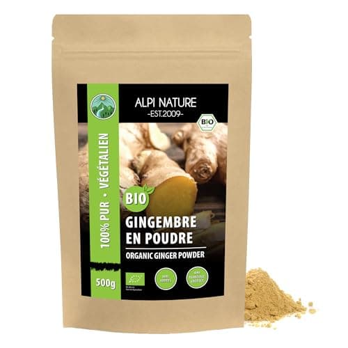 Gingembre biologique en poudre (500g), gingembre moulu issu de culture biologique contrôlée, gingembre en poudre, 100% naturel, sans additifs, sans gluten, sans lactose, testé en laboratoire, vegan