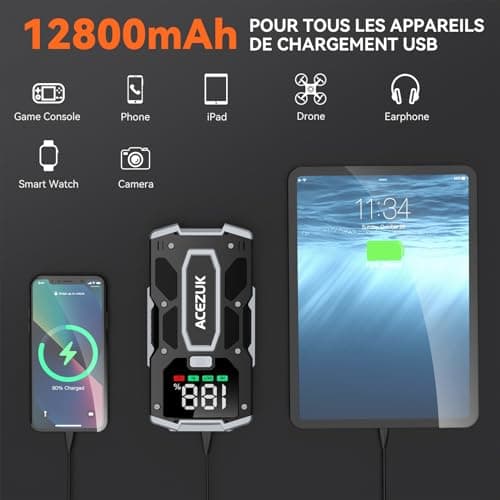 ACEZUK Booster Batterie Voiture 3000A, Démarreur de Voiture Portable (Jusqu'à 5.5L Diesel ou 7.0L Gaz), 12V Jump Starter avec 2.5 inch Écran LCD, Pinces de Sûreté Intelligentes, Lumière LED