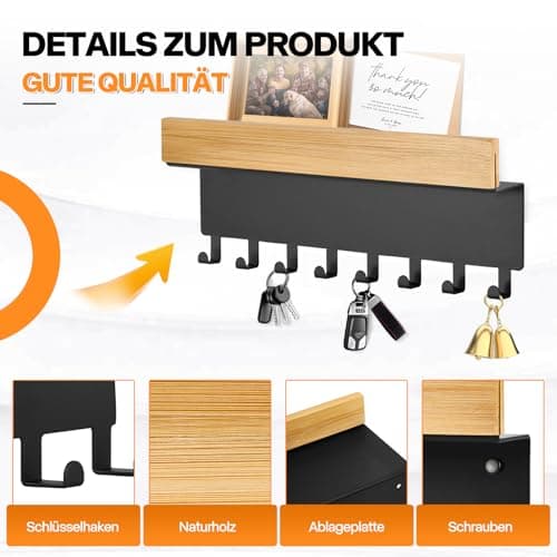 TINIFO Porte Clé Mural en Bois - Accroche Clef Mural Noir, Rangement Clef Mural Moderne avec 8 Crochets pour Couloir, Cuisine, EntréE