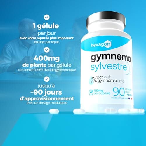 Gymnema Sylvestre 400mg - Jusqu’à +3 Mois de Cure - Soutien Naturel - Gestion des Envies Sucrées - Made in France - 90 Gélules Végétales - Vegan - Hexagon