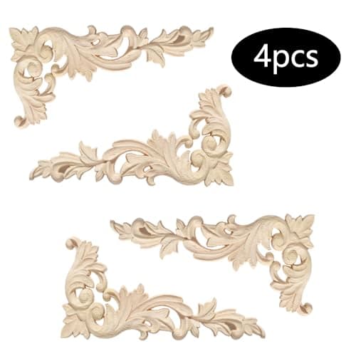 Gativs Bois Sculpté Decoration 4 Pièces Moulure Decorative Bois Applique en Bois Décalque Sculpté Bois Non Peint Sculpté Meuble Sculpté Onlay Applique en Bois pour Décoration Meuble,20 * 10cm