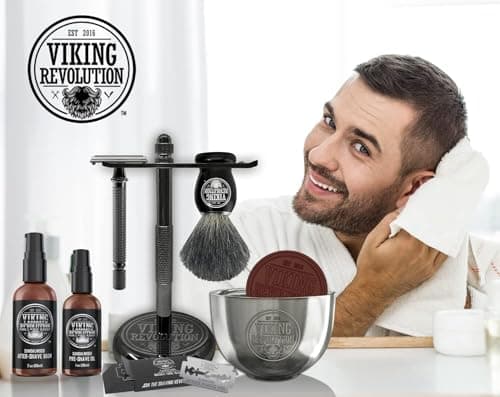 Viking Revolution - Kit Rasage Homme Complet de Luxe - Comprend un Rasoir de Sécurité, un Support, un Bol, un Baume Après-Rasage, une Huile Avant-Rasage & un Blaireau - Cadeau Homme