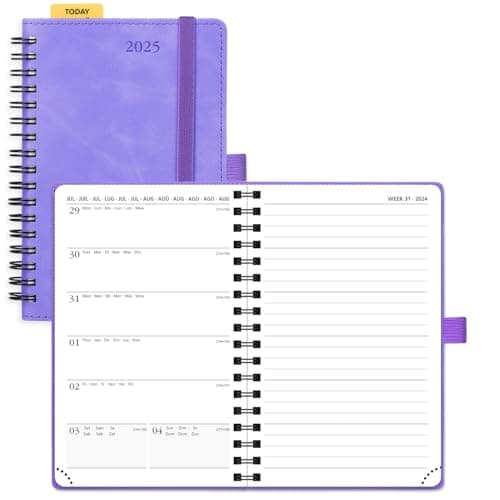POPRUN Agenda de Poche 2025 Semainier et Carnet de Notes 16 x 10,5 cm - Couverture Spirale en Cuir A6 petite Planner, D'Jan 2025 à Déc 2025, Règle signet, Papier 100 g/m2, Lilas-LAC