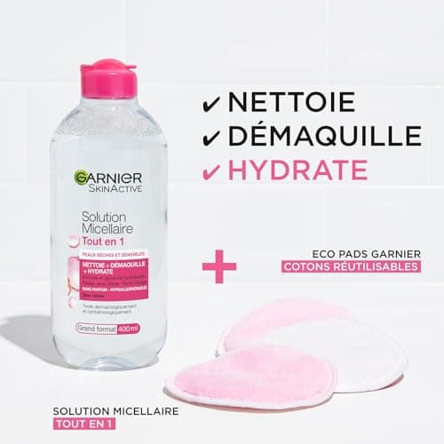 GARNIER Skin Active - Solution Micellaire Tout-En-1 - Nettoie, Démaquille & Hydrate - Micelles & Glycérine Hydrantante - Sans Parfum - Visage, Yeux, Lèvres - Peaux Sèches & Sensibles - 400 ml