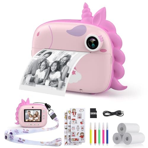 HiMont Appareil Photo Numérique Instantané,avec Papier d'impression & Carte TF 32G, Caméra Vidéo avec Stylos Colorés pour Le Bricolage, Cadeau pour Filles Garçons de 3-14 Ans
