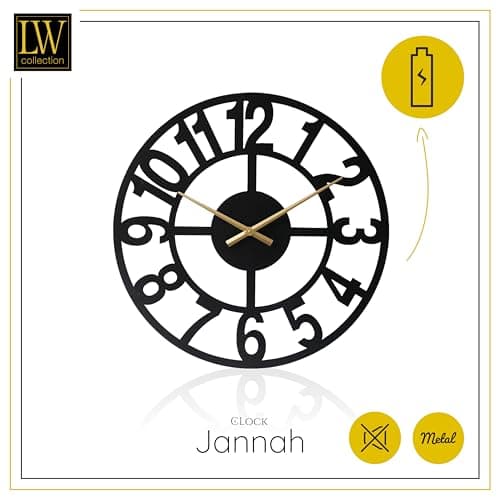 LW Collection Horloge Murale Jannah Noir avec Aiguilles dorées 80 cm - Grande Horloge Murale Industrielle en Métal - Horloge Murale Moderne - Mouvement Silencieux - Horloge Silencieuse