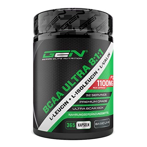 BCAA Ultra Caps - 365 gélules avec un dosage élevé de 1100 mg par gélule - Premium : rapport puissant 8:1:1 - Leucine, L-Isoleucine, L-Valine - Acides aminés essentiels à chaîne ramifiée