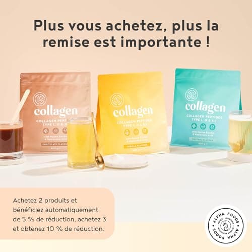 Collagene Poudre [400gr] | Collagen Peptides (Type I, II & III) | Vitamine C + E + Guarana + Acide Hyaluronique | Collagène Hydrolysé en Poudre pour Articulations, Ongles & Peau | Citron | Alpha Foods