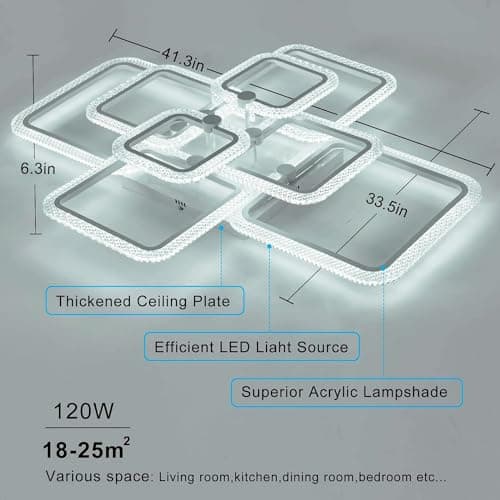 HIHIHOMY Plafonnier Moderne De 41,3 Pouces Lampe Salon Plafond En Cristal Pour Plafond De Salon, Cadre En Cristal Blanc 8 Carrés, Plafonnier Led Moderne Dimmable, Luminaire Plafonnier Led Metal