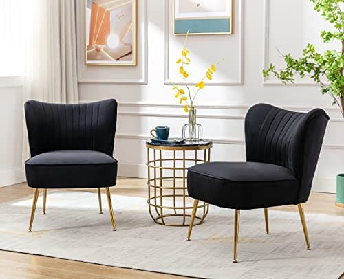 Wahson Fauteuils en Velours Fauteuil de Salon Confortable, Fauteuil Scandinave avec Pied Doré et Siège Épais, Chaise Salon Rembourrée pour Salon et Chambre, Noir
