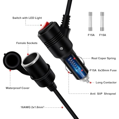 HuaLiSiJi Rallonge Allume Cigare avec Interrupteur 12V 24V Rallonge Cable Allume Cigare Interrupteur 16AWG 2x1.0mm2 Cordon Allume Cigare 15A pour Tachygraphe, GPS, Chien électronique (3 m)