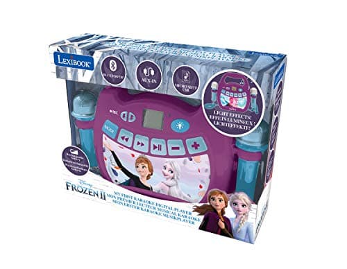 Lexibook - Disney la Reine des Neiges 2 - Lecteur musical karaoké portable pour enfants – Micros, Effets lumineux, Bluetooth, Enregistrement/changement de voix, Batteries rechargeables,Violet,MP320FZZ