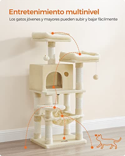 Feandrea Arbre à Chat Hauteur 112 cm, Tour de Jeux pour Chat, avec 11 Poteaux à Griffer, 2 Plateformes, 1 Niche, 1 Hamac, 2 Pompons, en Tissu Peluche, Plusieurs Niveaux, Beige PCT215M01