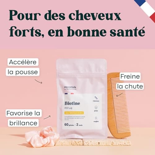 Biotine avec Sélénium et Zinc, Accélère la Pousse des Cheveux, Cure de 2 mois, 60 Gélules Végétales, Complément Alimentaire de Vitamine B8, Fabriqué en France, Essentials by Novoma