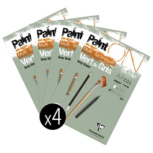 Clairefontaine 975705Cpack Bloc Collé PaintON Multi-techniques - 30 Feuilles Papier Dessin Multi-techniques au Grain Légèrement Rugueux - Vert de Gris - A4 21x29,7 cm 250g - Paquet de 4 Blocs