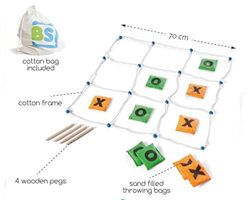 Buitenspeel BS Toys -GA263 -Morphion - Jeux à Lancer pour L' extérieur - Pour Anniversaire D'enfant - Sacs à Lancer Remplis de Sable - 4 Bâtons en Bois - Cadre en Coton -Vert & Orange -70 x 70 cm