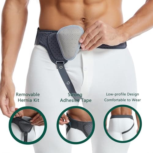 HEERTEEAJ Ceinture herniaire pour homme et femme Ceinture herniaire réglable flexible Soutien herniaire Soulagement de la douleur avec coussinets de compression amovibles Hernie