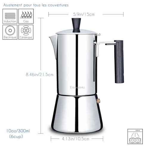 Easyworkz Pedro Cafetière italienne en acier inoxydable pour 6 tasses 300ml Pour induction à gaz et toutes les cuisinières (Argenté)