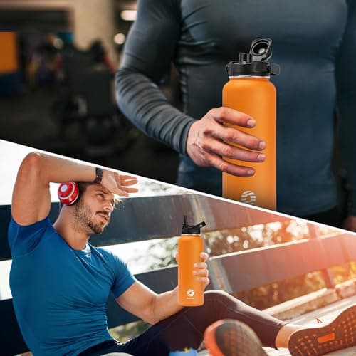 Fjbottle Gourde en acier inoxydable avec paille 950 ml/1200 ml, 2 couvercles sans BPA, Bouteille d'eau anti-fuite – Bouteille isotherme pour le sport, le vélo, l'école, le fitness