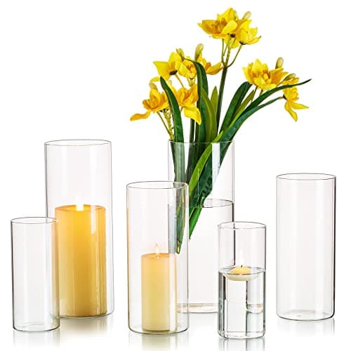Vases Cylindriques en Verre pour Décoration de Table, Hewory 6pcs Clear Vase Set for Decoration Mariage, Vase Transparent Verre Hurricane Candle Holders for Decoration Maison Home, 15/20/25cm H
