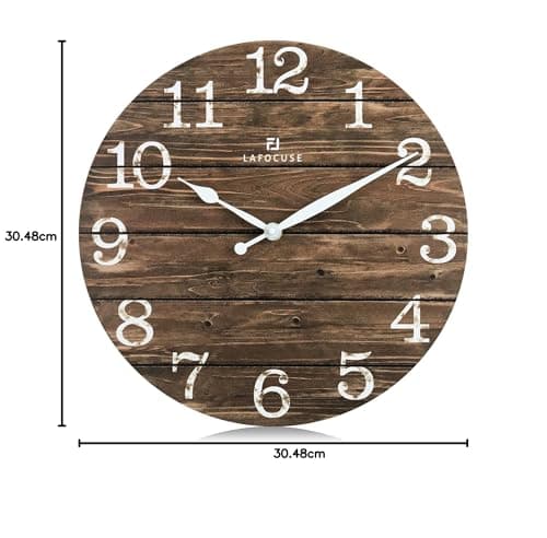 Lafocuse Horloge Murale Bois Silencieuse Retro, Rustique Vintage Pendule Murale Marron, Shabby Chic Deco sans Tictac Maison Salon Cuisine Chambre Bureau 30cm