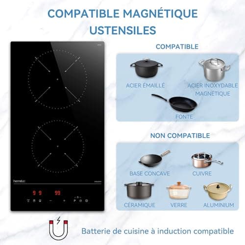 Hermitlux Domino plaque induction 2 feux encastrable, plaque induction Vitrocéramique noire avec 9 niveaux de puissance et fonction Boost, contrôle tactile & sécurité enfants, 30CM, 3500W
