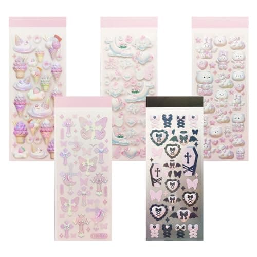 UMCHU 5 Feuilles Autocollants 3D,Gommettes Paillettes,Autocollants ours, lapin, papillon, cœur foncé, crème glacée,pour ordinateur portable DIY Scrapbook(5 styles)