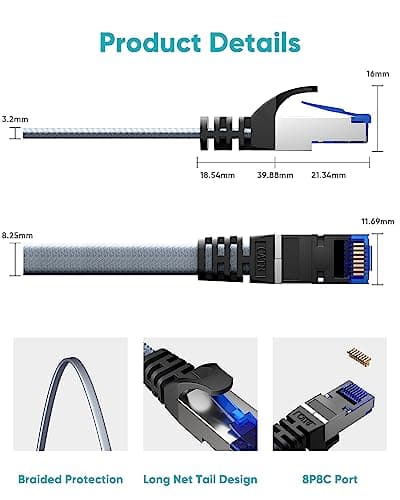 BUSOHE Cat 8 Câble Ethernet 2m (5 Pièces), Câble Réseau LAN Gigabit RJ45 Plat Haut Débit, Tressé Cable Internet 40Gbps 2000Mhz Compatible avec PC, Routeurs, Modems