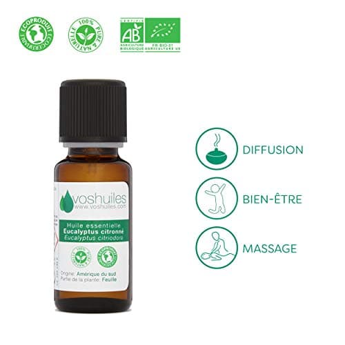 Voshuiles - Huile Essentielle Eucalyptus Citronné Bio 60ml - Parfum Frais - Réputé pour ses Nombreuses Vertus - Huiles Essentielles de Qualité - 100% Pure et Naturelle - HEBBD et Certifiée ECOCERT