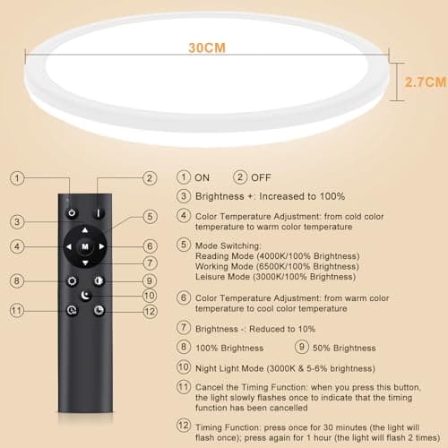 OUILA Plafonnier Led, Luminaire Plafonnier Télécommande 24W Réglable Ø30cm 3000K-6500K Dimmable Lampe Plafond Led Moderne Rond 2400LM Applicable à Salle de Bain, Chambre, Cuisine, Salon, Balcon