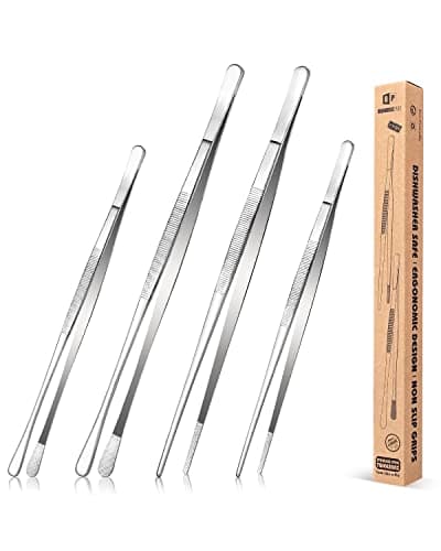 4 Pincettes de cuisine en acier inoxydable, 12'' et 10'', longue pincette de cuisine professionnelle en argent pour la cuisine, les réparations, les fruits de mer et le BBQ