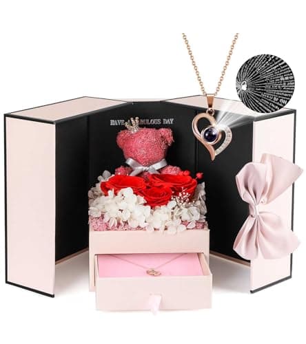 ADDWel Cadeau Fete des Meres Original, Rose Eternelle avec Bijoux avec Collier Je t'aime en 100 Langues, Fête des Mères, Rose Préservée Fleur Cadeau Maman/Mamie, Cadeau Anniversaire Maman