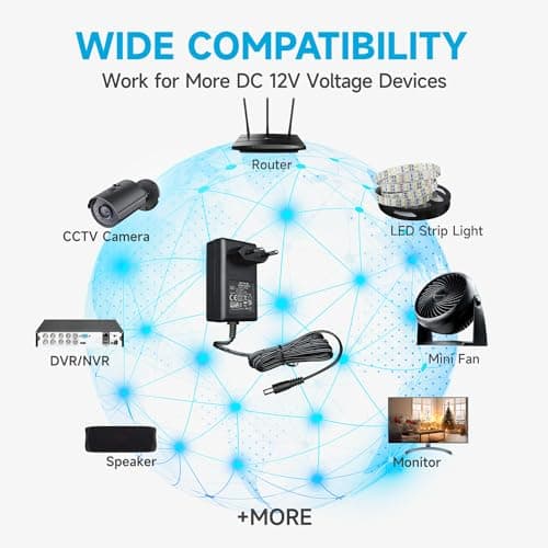 Adaptateur Secteur 12 V 2 A/2000 mA, AC 100-240 V 50/60 Hz vers DC 12 V 2 A 24 W, Chargeur Mural, Centre Positif, câble 1,8 m 20 AWG pour Une Utilisation Stable et Flexible, 3 Accessoires Inclus.