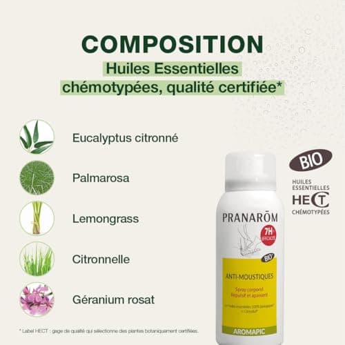 Pranarôm Aromapic Spray Corps Anti-Moustiques Bio 75 ml | Efficacité 7h prouvée en laboratoire contre moustiques européens et tropicaux. Ne dessèche pas la peau. Dès 7 ans.