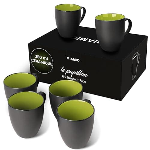 MIAMIO - 6 x 350 ml Tasse à café en grès/Ensemble de tasses Le Papillon Collection (Noir-Vert)