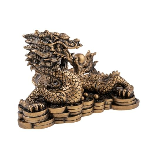 lachineuse - Figurine Grand Dragon Feng Shui - Statuette Dragon sur Sapèques - 14 x 21 x 11,5 cm - Symbole de Puissance, Force & Longévité - Décoration Asiatique Chinoise - Coloris Doré