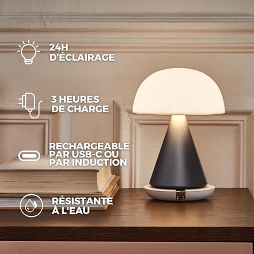 Lexon MINA L Lampe Champignon LED sans fil rechargeable, lampe à poser avec 9 couleurs de lumière avec variateur d'intensité, tactile et rechargeable, jusqu'à 24h d'autonomie - Orange